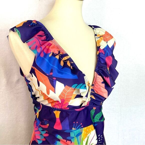 AVERIE RETRO RAYNE ONE PIECE SWIMSUIT RUFFLE TOP TROPICAL PRINT - Picture 4 of 10